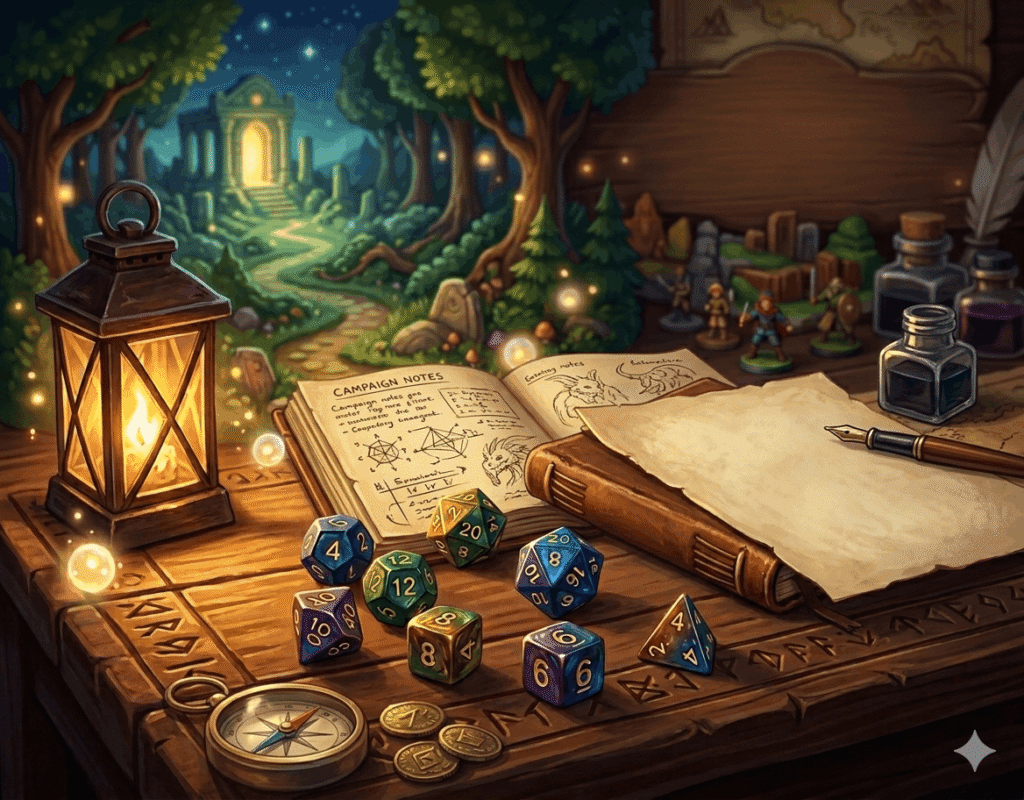 Cosy tabletop gaming setup featuring open adventure journals, polyhedral dice, an antique inkwell, and a glowing brass lantern on a carved wooden table, with a fantasy forest landscape in the background.